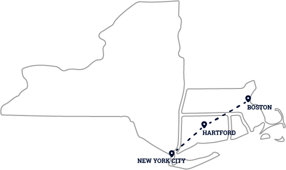 Map of Northeast with Hartford, Boston, and New York City